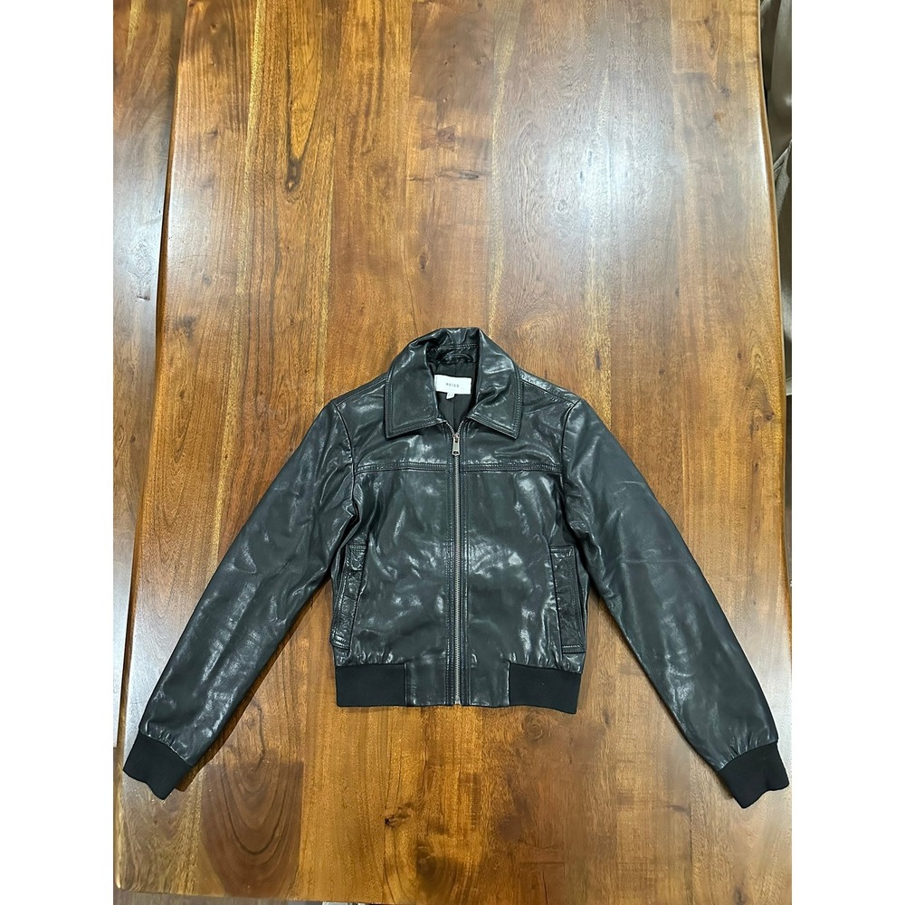 Reiss Sheep Leather Bomber Jacket Black Size 0 Zip Up Ribbed Trim